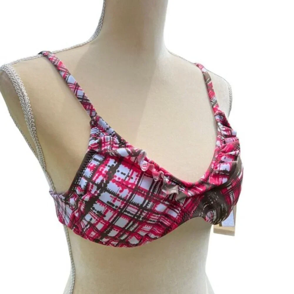 RAISINS Girl's Ruffle Swim Bikini Top Size M Plaid Pink,‎ Brown, White